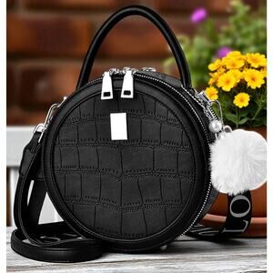 Purse Women Black Round Crossbody Faux Leather two side zipper Satchel Bag